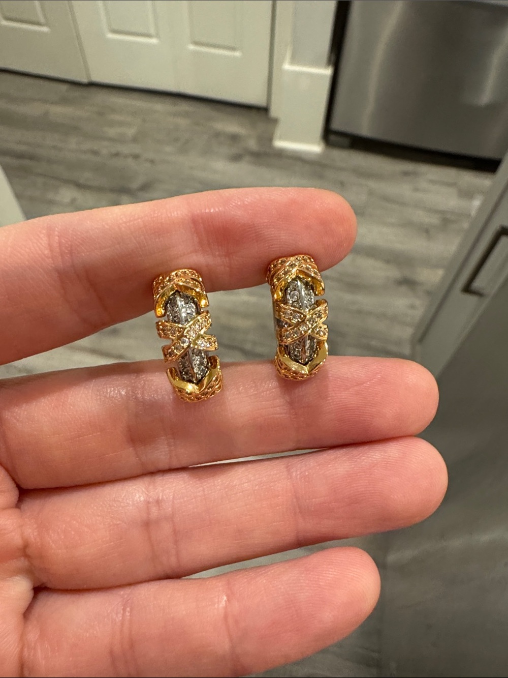 Two Tone Crisscross CZ Hoop Earrings Gold & Silver Tone